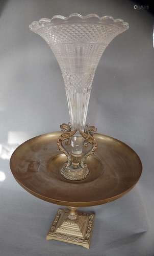 Table top with brass mounting and funnel-shaped glass insert...