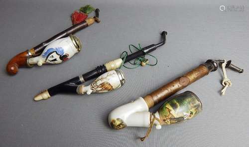 Convolute 3 old tobacco pipes,wood with porcelain top,partly...