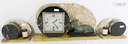 ArtDeco mantel clock with lying deer and 2 side plates,marbl...