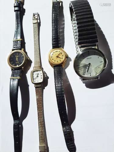 Convolute 4 ladies wristwatches,partly silver,partly gold pl...