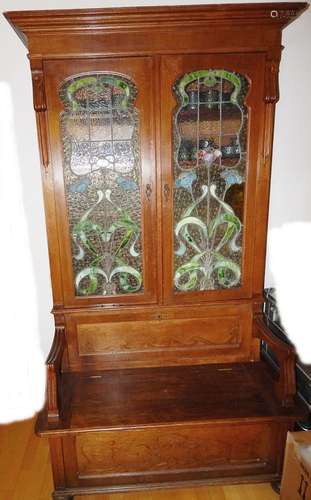 Art Nouveau chest showcase bench with lead-framed glass,arou...