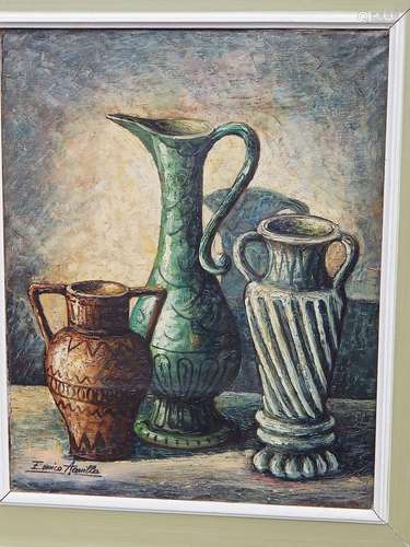 Erich Meili(*1928) "Still life with jugs",oil on c...