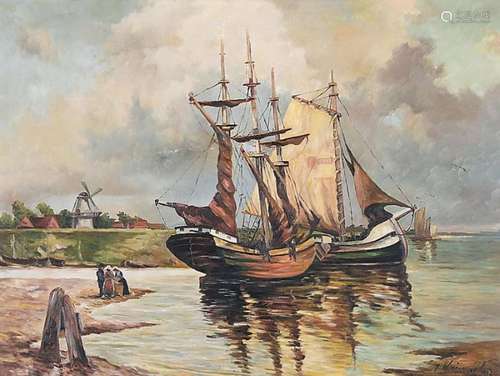 J.Heinrichs "Anchored fishing boats",oil on hardbo...