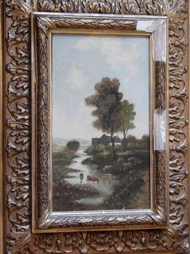 A.Huber "Cows on the river",oil on wood,signed,ca....