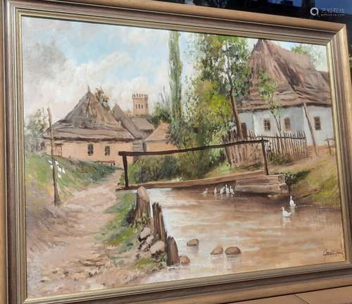 "Medieval village view with small brook and ducks"...