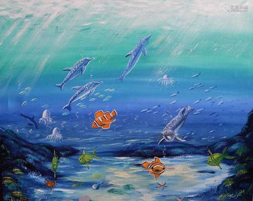 Andrea Kurjat "Play with dolphins",oil on canvas,s...