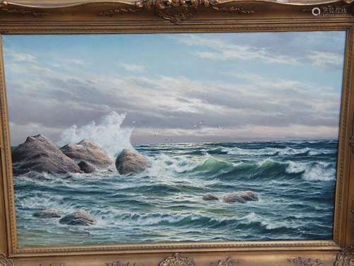 "Sea surf with seagulls",oil on canvas,signed prob...