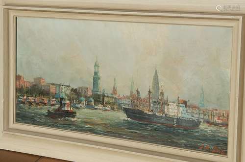 "Harbor view with ships",oil on canvas,signed J.H....