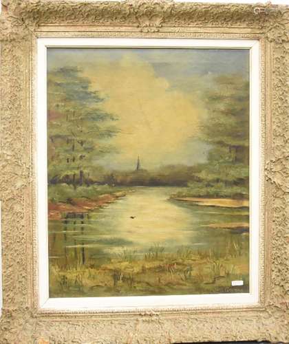 Jane Gogneaux "Romantic river landscape with bell tower...