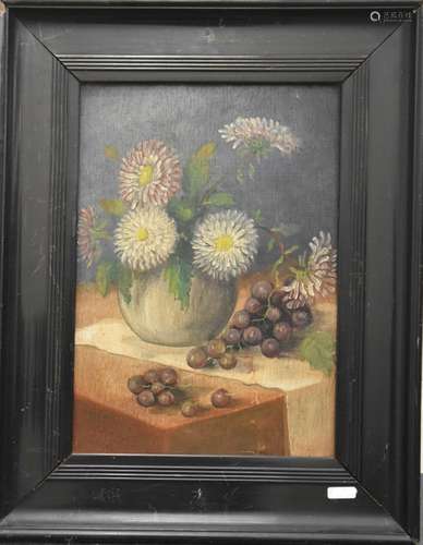 "Still life of flowers with grapes",oil on wood,un...