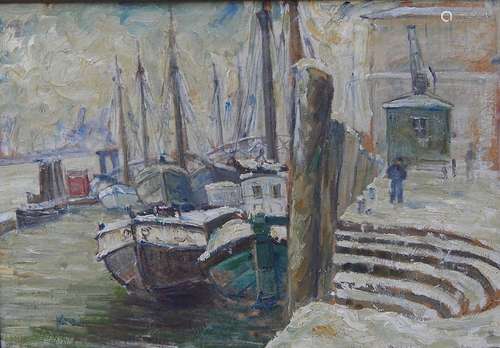 "Harbour view",oil on wood,,illegibly signed, ca. ...