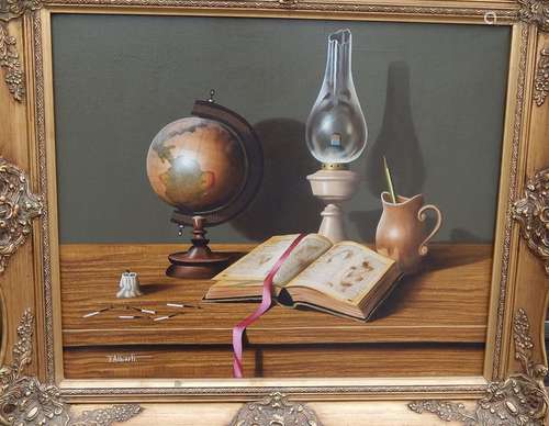 "Still life with kerosene lamp and globe",oil on c...