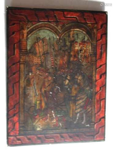 Wooden panel with knight scene,painted in oil,unframed,aroun...