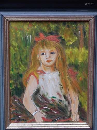 "Sitting girl with a bow in her hair",oil on wood,...