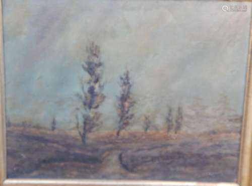 "Poplars in the moor",oil on hardboard,signed Freu...