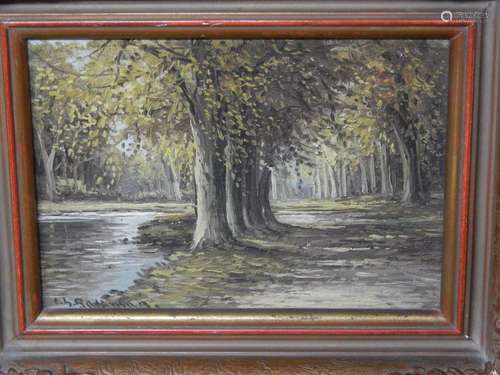 "Avenue with a small river in autumn", oil on wood...