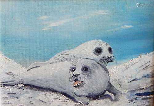 Andrea Kurjat "Seals",oil on canvas,signed,inscrib...