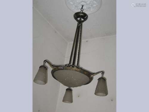 3-armed ArtDeco ceiling chandelier with 3 glass bells and ce...