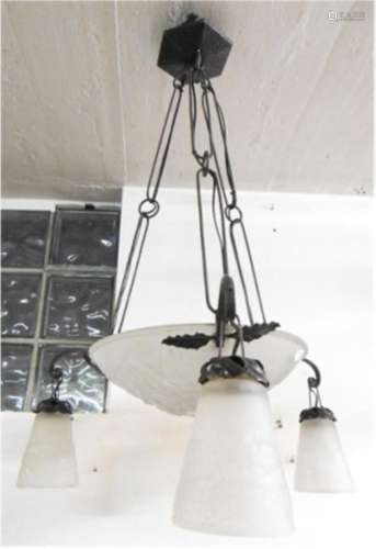 3-armed ArtDeco ceiling chandelier with satin glass bells,si...