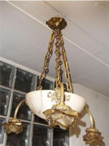 3-armed art nouveau ceiling chandelier with alabaster bowl a...