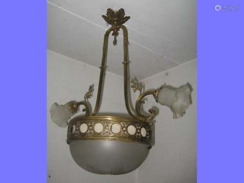 2-arm Art Nouveau ceiling chandelier with central satin glas...