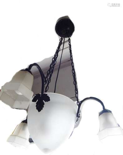 3-armed ArtDeco ceiling lamp with 3 satin milk glass bells,s...