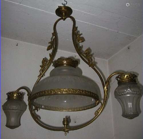 2 arm Art Nouveau ceiling lamp with centered glass bowl made...