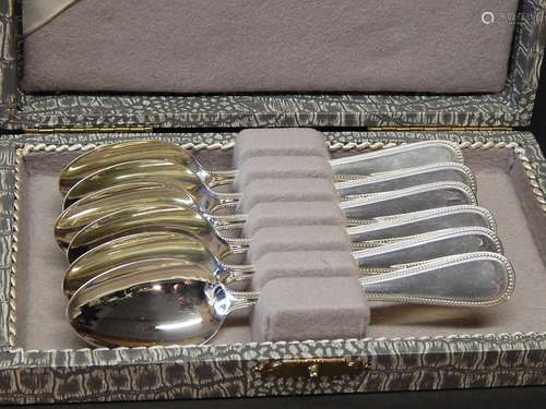 Set of 6 coffee spoons,800 silver with pearl rim decoration,...