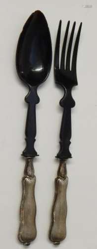 Salad servers with wooden spoons, 12 soldered silver, 19th c...