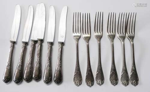 6 large knives and 6 large forks,silver plated,floral decora...