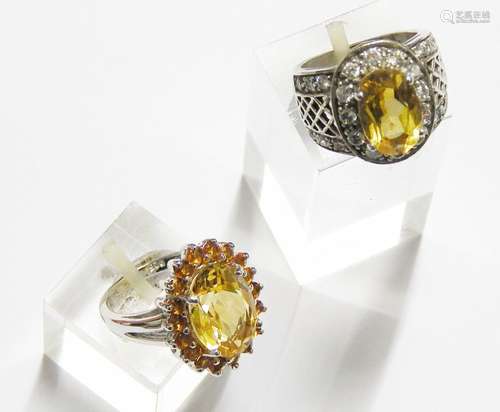 2 ladies rings with citrine and zirconia,partly gold plated,...