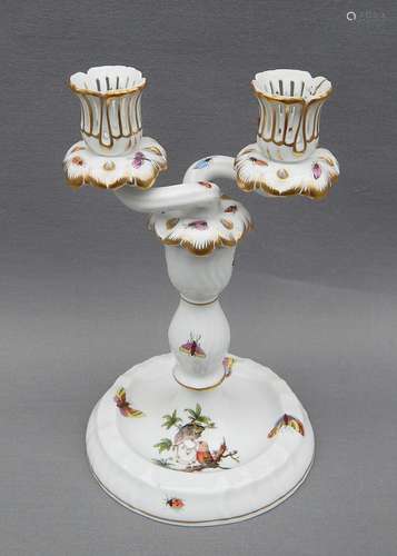 2-arm candlestick with figural and floral decor,Herend porce...