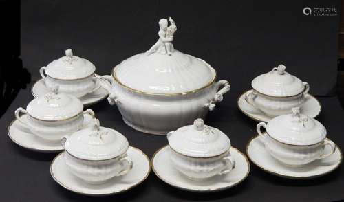 Set of 6 soup cups with saucers and soup tureen, figural dec...