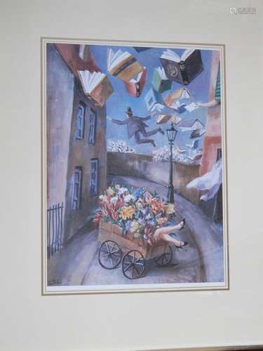 Surrealist composition with flower cart