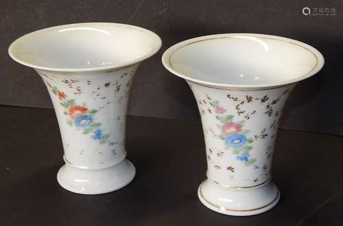 Pair of funnel flower vases with floral decoration