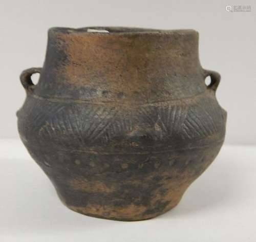 Urn-shaped vessel with 2 ribbon handles and 4 opposing bosse...