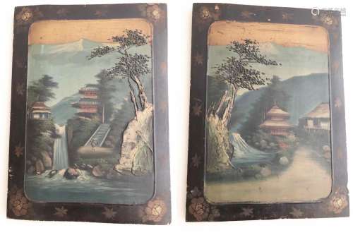 2 wooden panels each with a depiction of a romantic landscap...