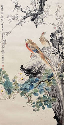 Chinese Flower and Bird Painting paper scroll, Yan bolong ma...