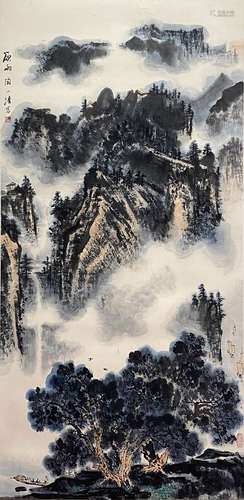 Chinese Landscape Painting paper scroll, Tao yiqing mark