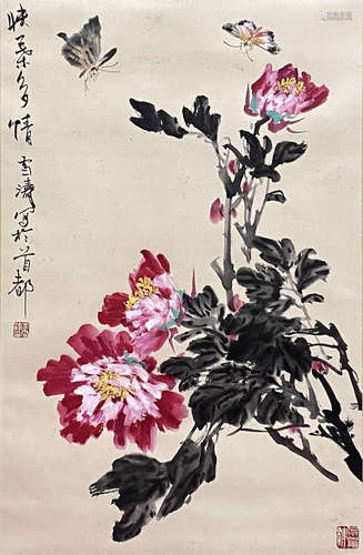 Chinese Flower and Bird Painting paper scroll, Wang xuetao m...