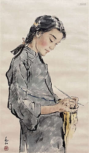 Chinese Figure Painting paper scroll, Jiang zhaohe mark