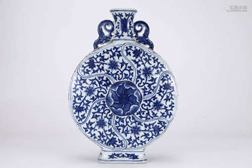 Blue and White Flower Double-Eared Oblate Vase