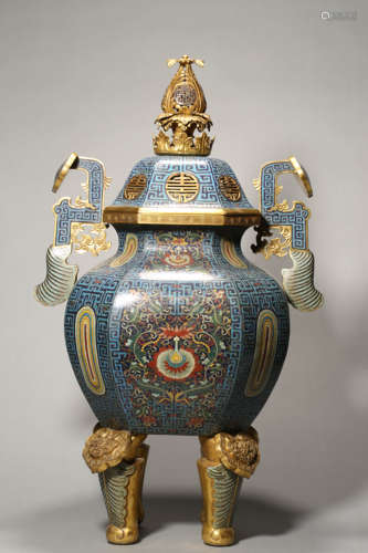 Cloisonne Enamel Carved Jade Ruyi Scepter Incense Burner