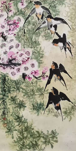 Chinese Flower and Bird Painting paper scroll, Lu yifei mark