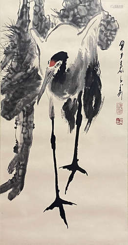 Chinese Crane Painting paper scroll, Wang ziwu mark