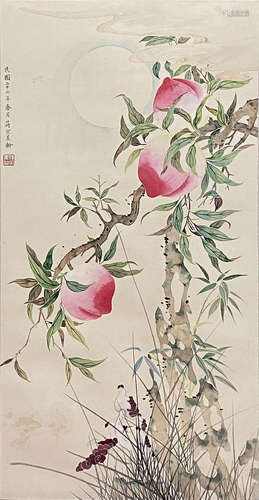 Chinese Peaches Painting paper scroll, Song meiling mark