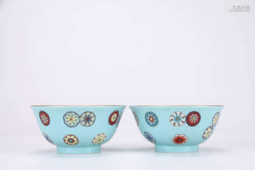 Pair of Famille Rose Flower Bowls