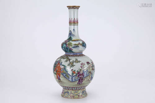 Famille Rose Landscape and Figure Double-Gourd-Shaped Vase