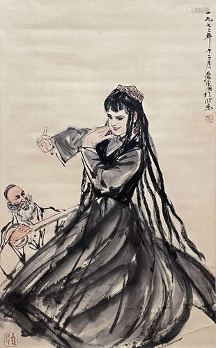 Chinese Figure Painting paper scroll, Huang Zhou mark