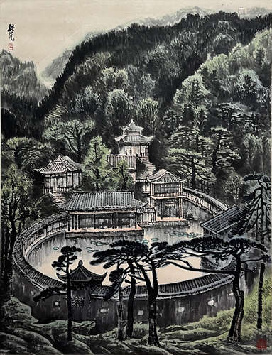 Chinese Landscape Painting paper scroll, Zhang ping mark